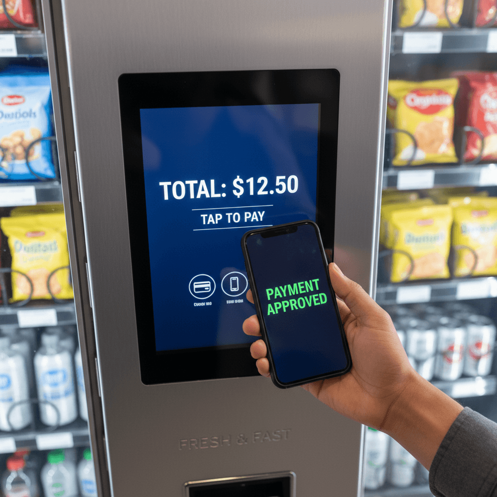 Customer completing contactless payment on vending machine touchscreen interface