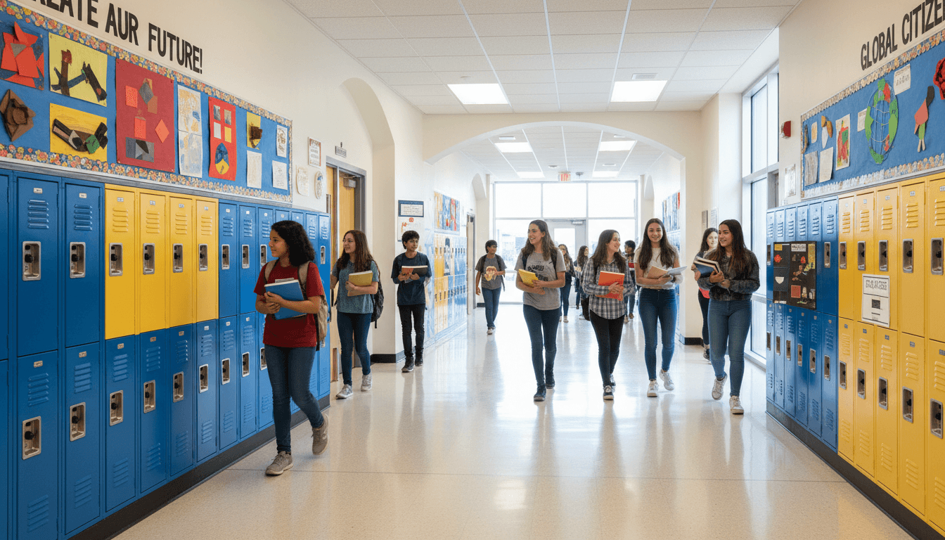 Busy school hallway with diverse students transitioning between classes, lined with educational displays and bulletin boards